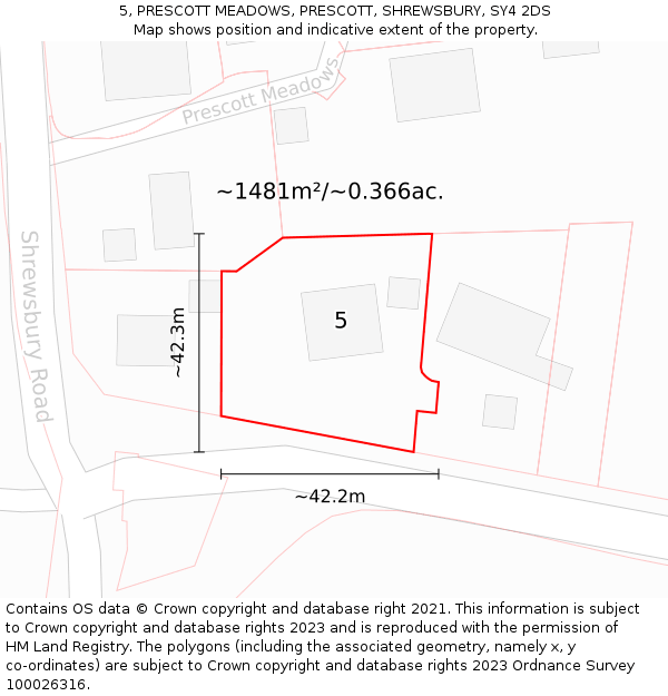 5, PRESCOTT MEADOWS, PRESCOTT, SHREWSBURY, SY4 2DS: Plot and title map