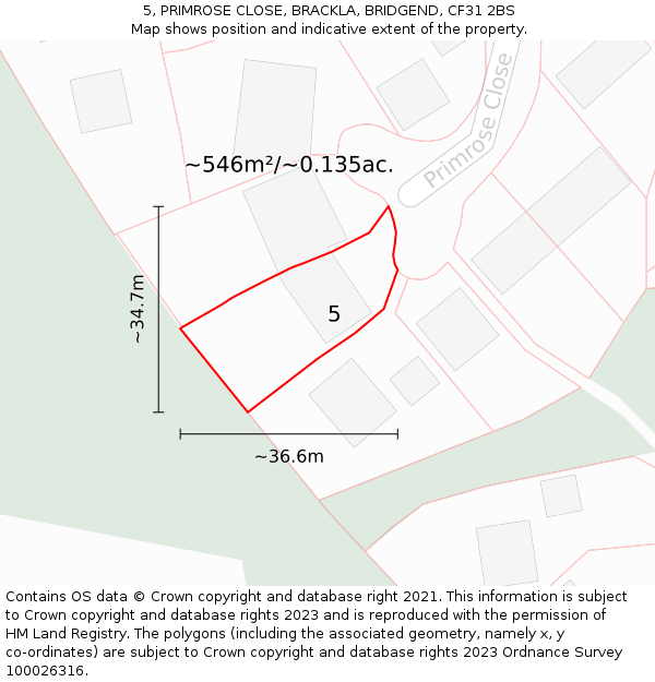 5, PRIMROSE CLOSE, BRACKLA, BRIDGEND, CF31 2BS: Plot and title map