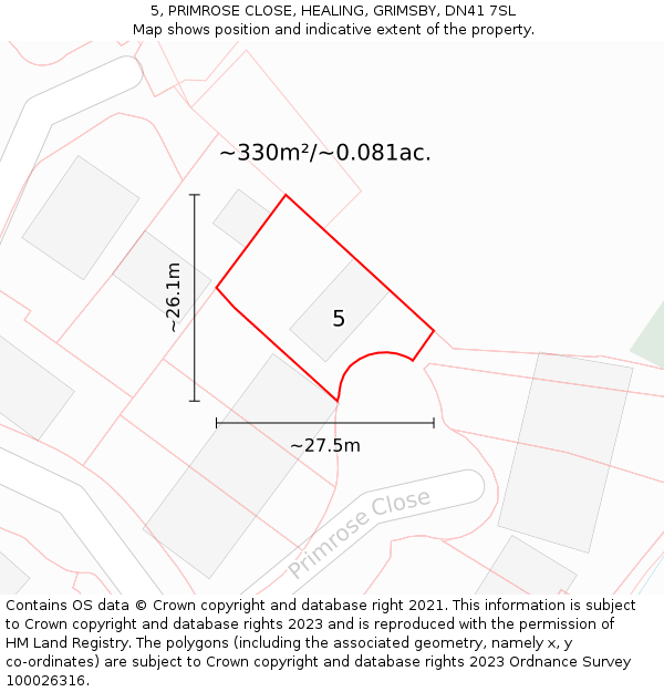 5, PRIMROSE CLOSE, HEALING, GRIMSBY, DN41 7SL: Plot and title map