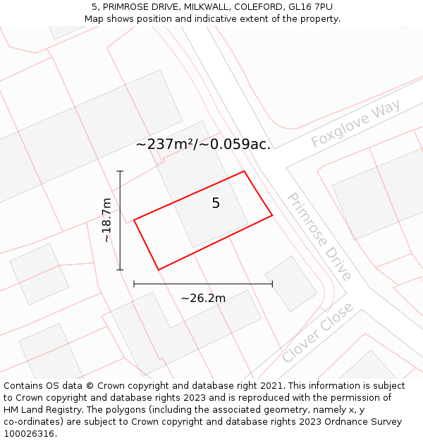 5, PRIMROSE DRIVE, MILKWALL, COLEFORD, GL16 7PU: Plot and title map