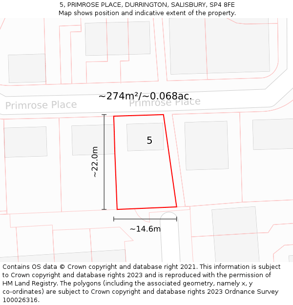 5, PRIMROSE PLACE, DURRINGTON, SALISBURY, SP4 8FE: Plot and title map
