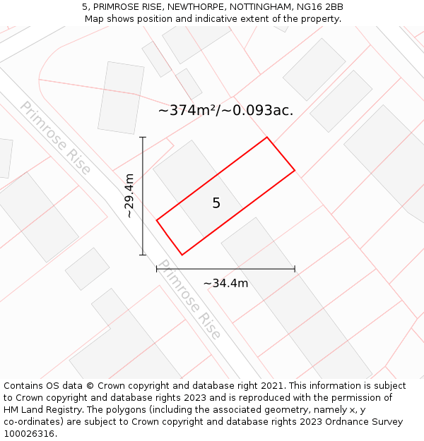 5, PRIMROSE RISE, NEWTHORPE, NOTTINGHAM, NG16 2BB: Plot and title map