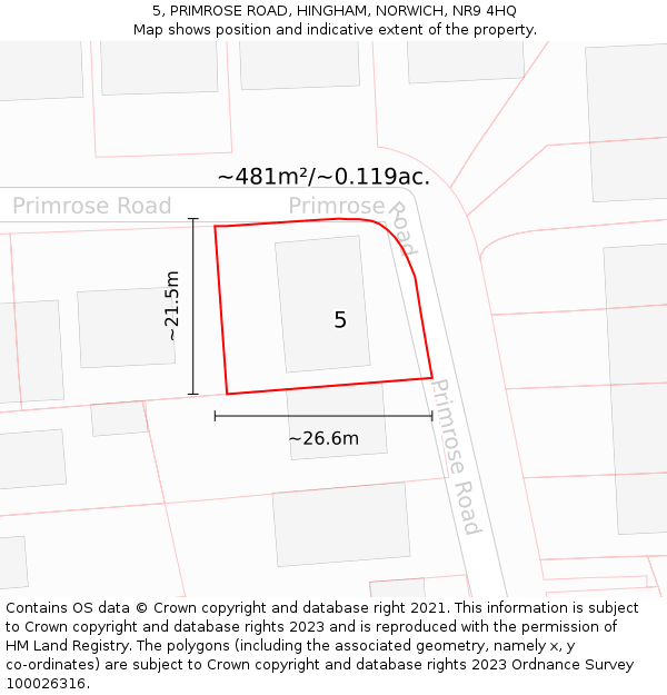 5, PRIMROSE ROAD, HINGHAM, NORWICH, NR9 4HQ: Plot and title map