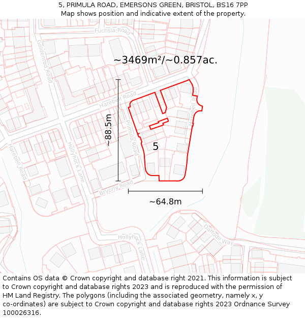 5, PRIMULA ROAD, EMERSONS GREEN, BRISTOL, BS16 7PP: Plot and title map
