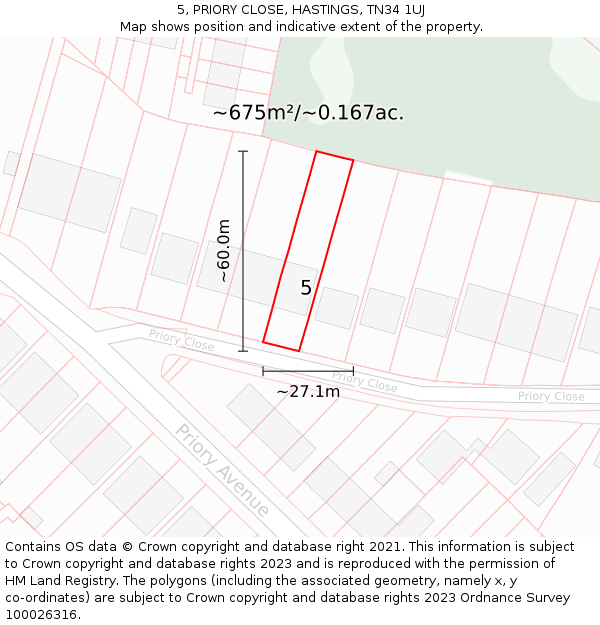 5, PRIORY CLOSE, HASTINGS, TN34 1UJ: Plot and title map