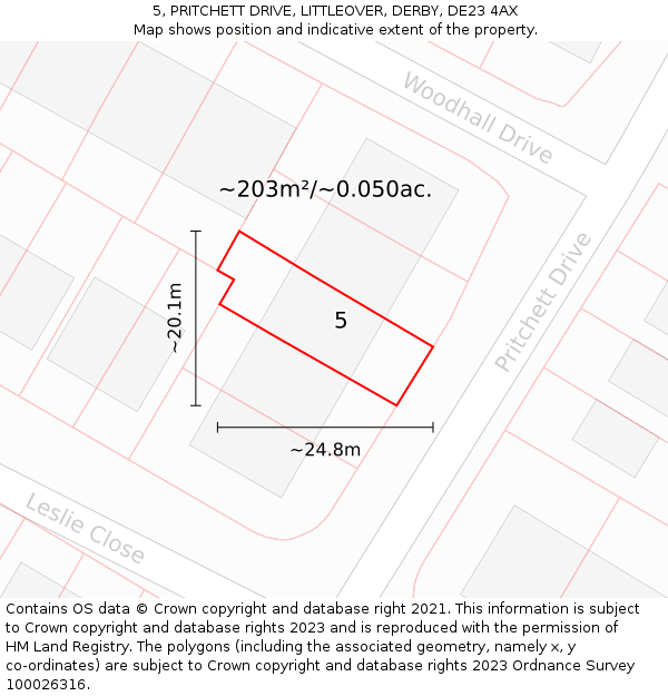 5, PRITCHETT DRIVE, LITTLEOVER, DERBY, DE23 4AX: Plot and title map