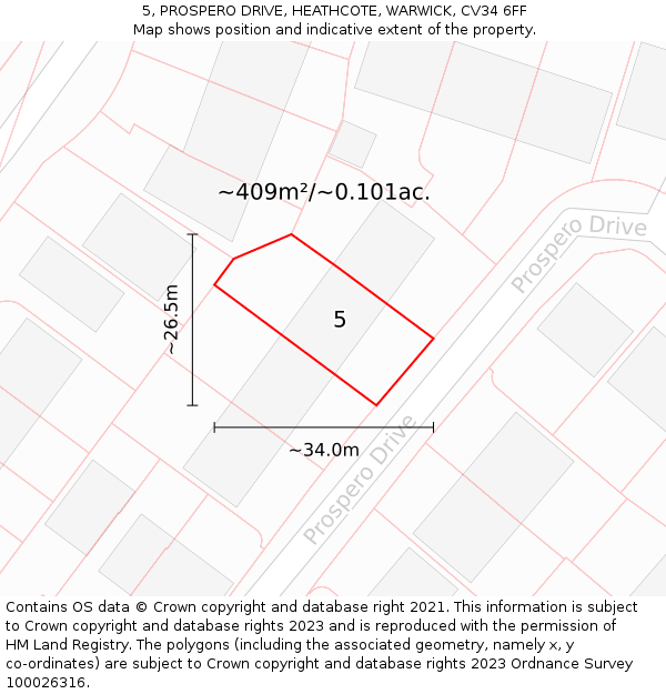 5, PROSPERO DRIVE, HEATHCOTE, WARWICK, CV34 6FF: Plot and title map