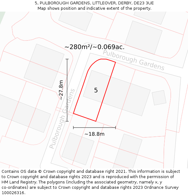 5, PULBOROUGH GARDENS, LITTLEOVER, DERBY, DE23 3UE: Plot and title map