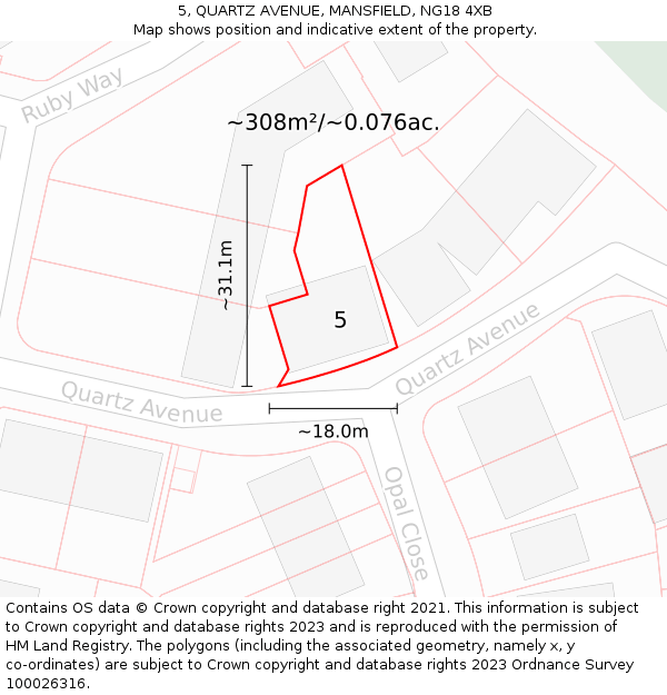 5, QUARTZ AVENUE, MANSFIELD, NG18 4XB: Plot and title map