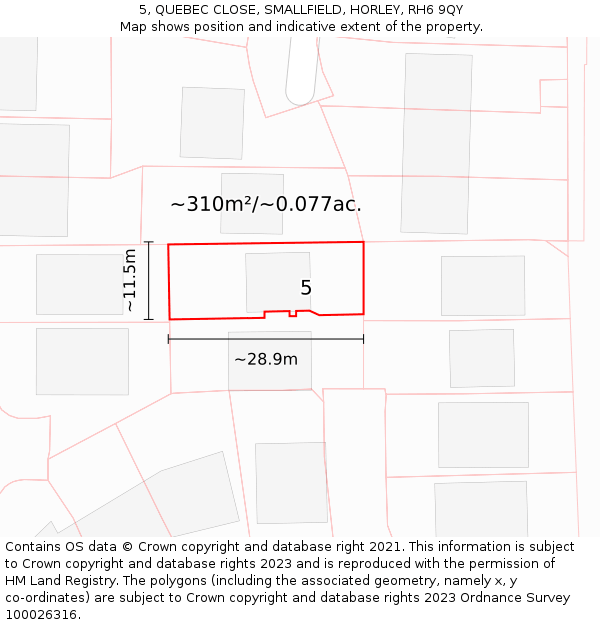 5, QUEBEC CLOSE, SMALLFIELD, HORLEY, RH6 9QY: Plot and title map