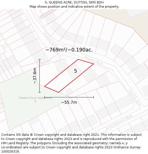 5, QUEENS ACRE, SUTTON, SM3 8DH: Plot and title map