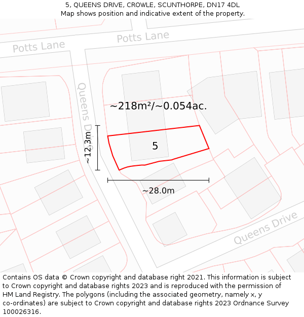 5, QUEENS DRIVE, CROWLE, SCUNTHORPE, DN17 4DL: Plot and title map