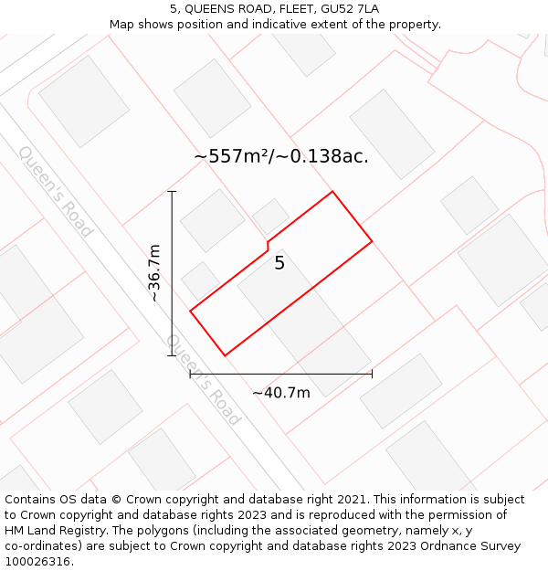 5, QUEENS ROAD, FLEET, GU52 7LA: Plot and title map