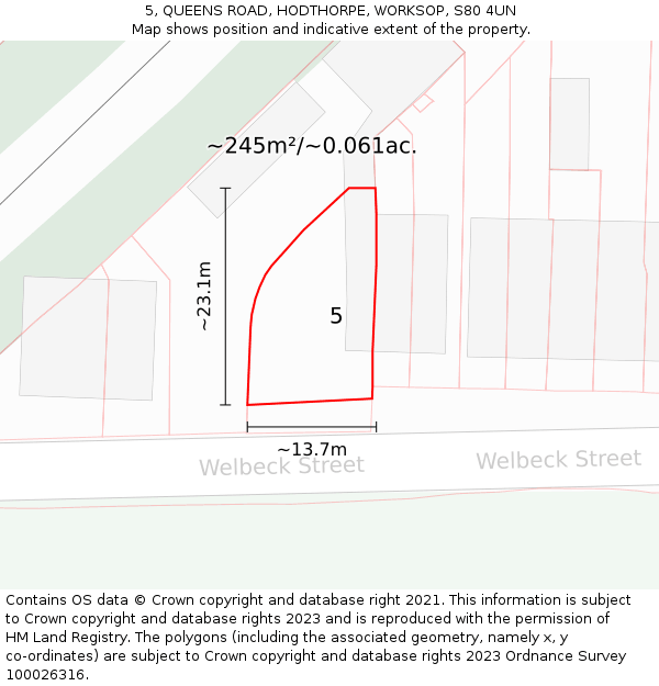 5, QUEENS ROAD, HODTHORPE, WORKSOP, S80 4UN: Plot and title map