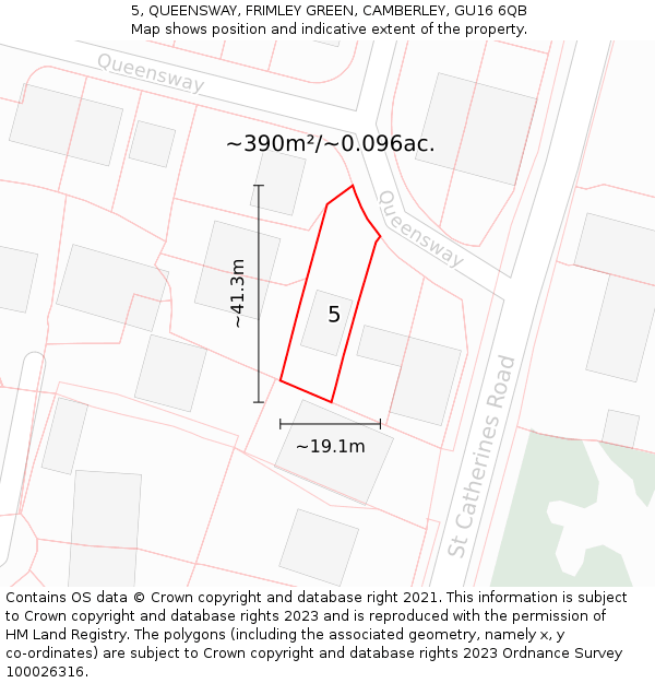 5, QUEENSWAY, FRIMLEY GREEN, CAMBERLEY, GU16 6QB: Plot and title map