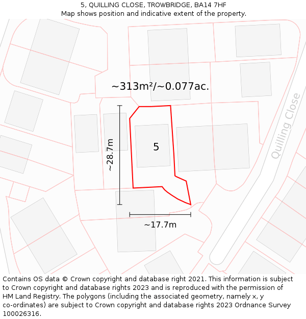 5, QUILLING CLOSE, TROWBRIDGE, BA14 7HF: Plot and title map