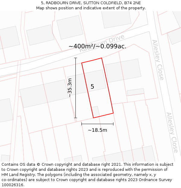 5, RADBOURN DRIVE, SUTTON COLDFIELD, B74 2NE: Plot and title map