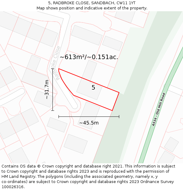 5, RADBROKE CLOSE, SANDBACH, CW11 1YT: Plot and title map