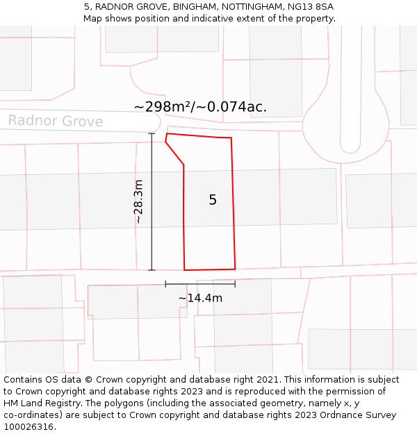 5, RADNOR GROVE, BINGHAM, NOTTINGHAM, NG13 8SA: Plot and title map