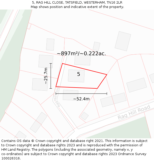 5, RAG HILL CLOSE, TATSFIELD, WESTERHAM, TN16 2LR: Plot and title map