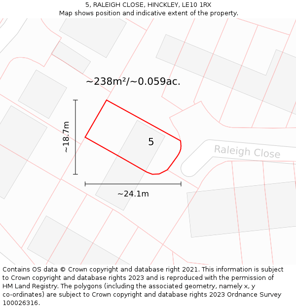 5, RALEIGH CLOSE, HINCKLEY, LE10 1RX: Plot and title map