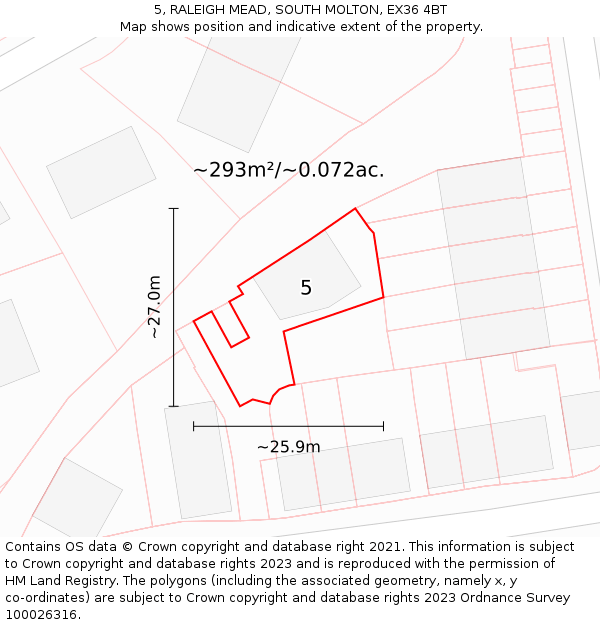 5, RALEIGH MEAD, SOUTH MOLTON, EX36 4BT: Plot and title map