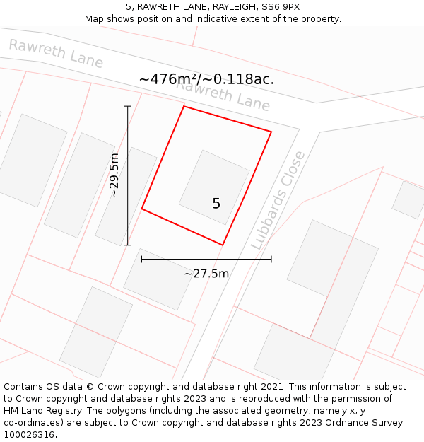 5, RAWRETH LANE, RAYLEIGH, SS6 9PX: Plot and title map