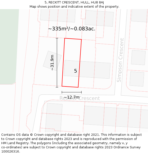 5, RECKITT CRESCENT, HULL, HU8 8AJ: Plot and title map
