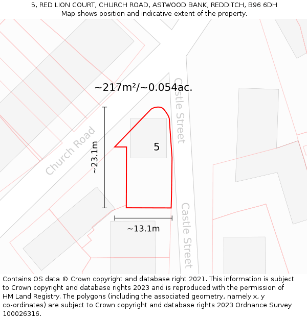 5, RED LION COURT, CHURCH ROAD, ASTWOOD BANK, REDDITCH, B96 6DH: Plot and title map