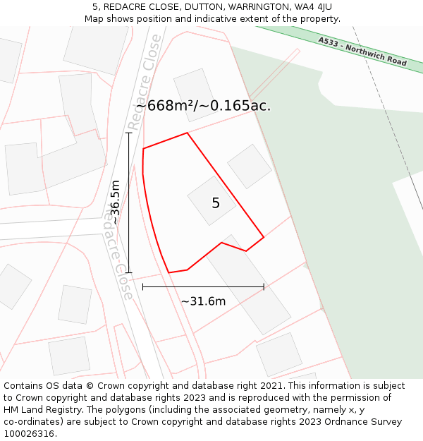 5, REDACRE CLOSE, DUTTON, WARRINGTON, WA4 4JU: Plot and title map