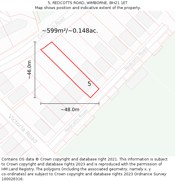 5, REDCOTTS ROAD, WIMBORNE, BH21 1ET: Plot and title map