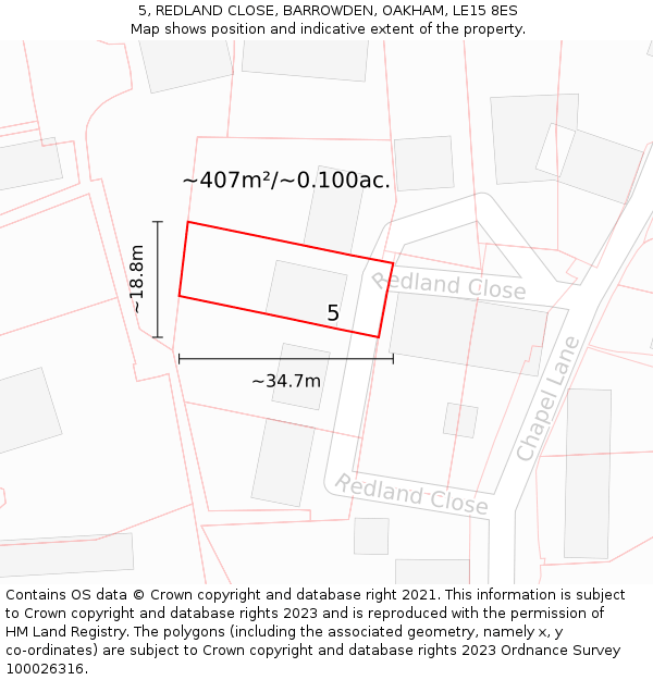 5, REDLAND CLOSE, BARROWDEN, OAKHAM, LE15 8ES: Plot and title map