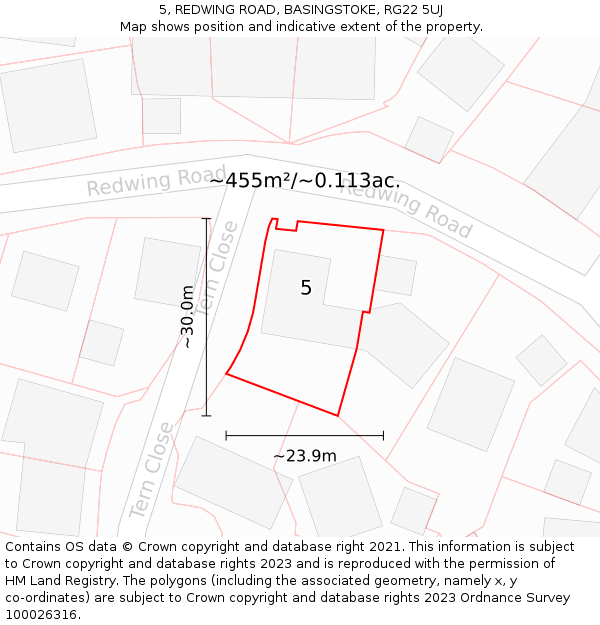 5, REDWING ROAD, BASINGSTOKE, RG22 5UJ: Plot and title map