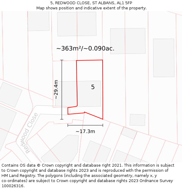 5, REDWOOD CLOSE, ST ALBANS, AL1 5FP: Plot and title map