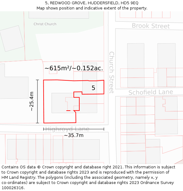 5, REDWOOD GROVE, HUDDERSFIELD, HD5 9EQ: Plot and title map