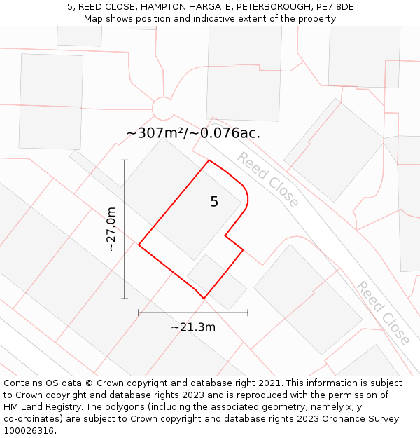 5, REED CLOSE, HAMPTON HARGATE, PETERBOROUGH, PE7 8DE: Plot and title map