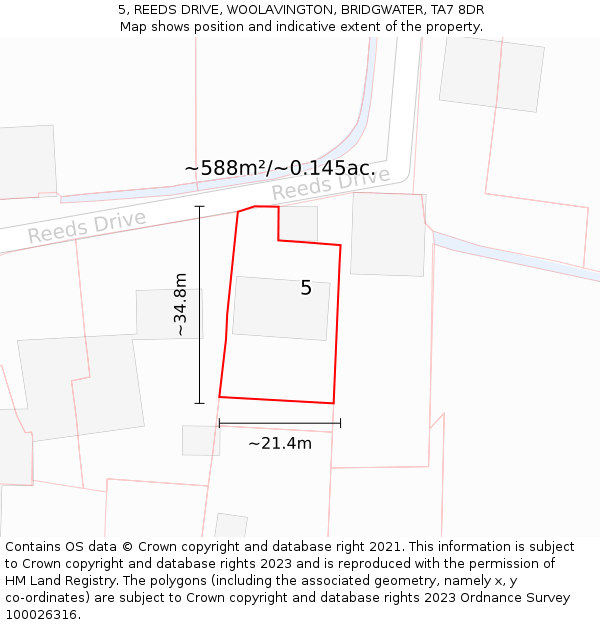 5, REEDS DRIVE, WOOLAVINGTON, BRIDGWATER, TA7 8DR: Plot and title map