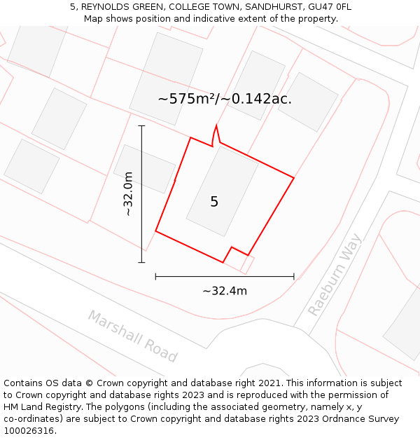 5, REYNOLDS GREEN, COLLEGE TOWN, SANDHURST, GU47 0FL: Plot and title map