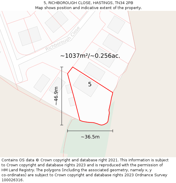 5, RICHBOROUGH CLOSE, HASTINGS, TN34 2PB: Plot and title map
