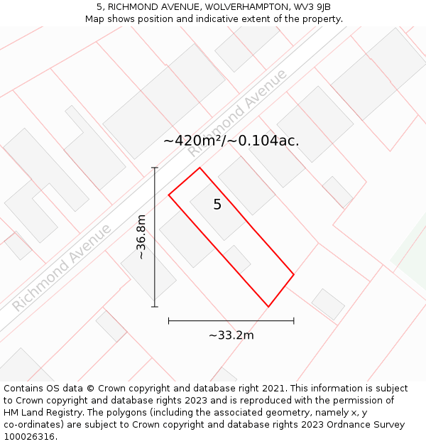 5, RICHMOND AVENUE, WOLVERHAMPTON, WV3 9JB: Plot and title map