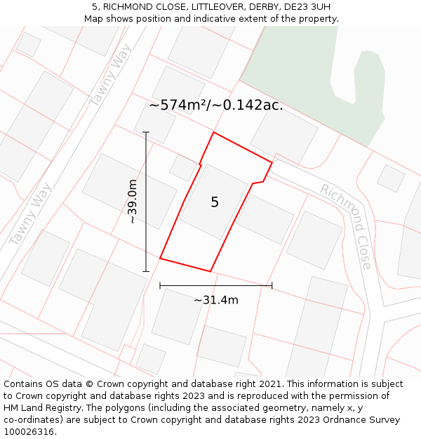 5, RICHMOND CLOSE, LITTLEOVER, DERBY, DE23 3UH: Plot and title map