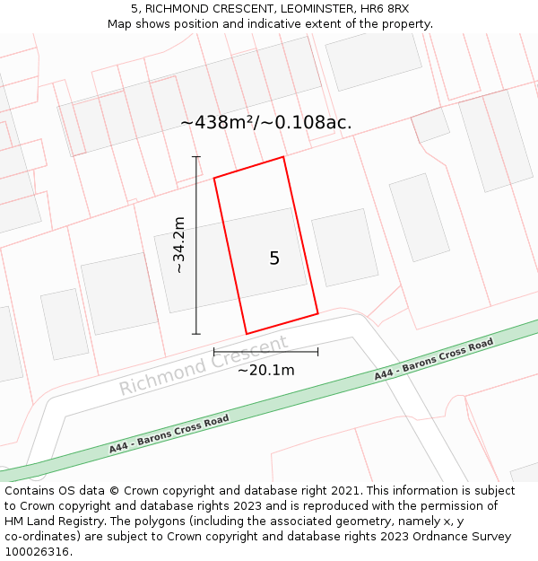 5, RICHMOND CRESCENT, LEOMINSTER, HR6 8RX: Plot and title map