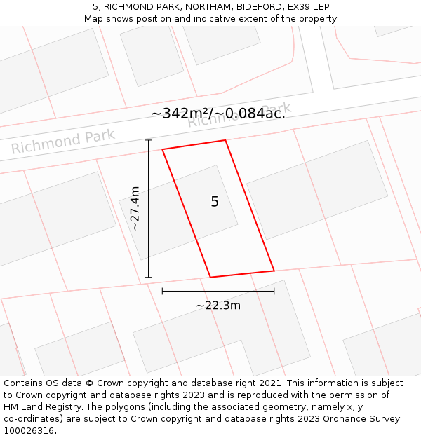 5, RICHMOND PARK, NORTHAM, BIDEFORD, EX39 1EP: Plot and title map