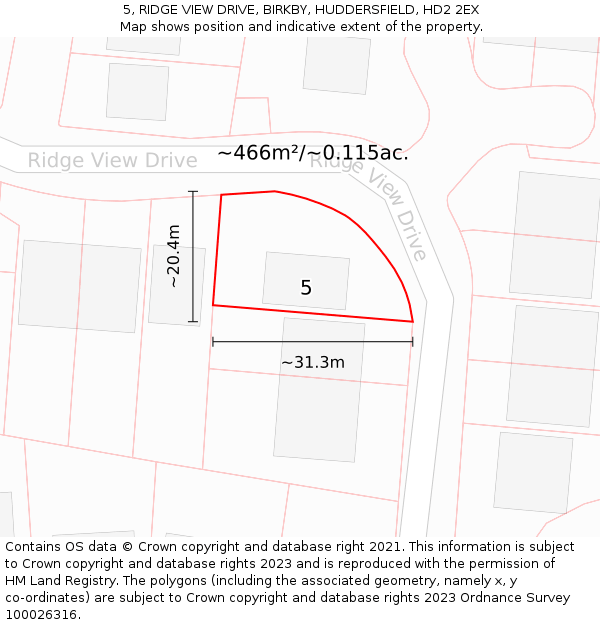 5, RIDGE VIEW DRIVE, BIRKBY, HUDDERSFIELD, HD2 2EX: Plot and title map