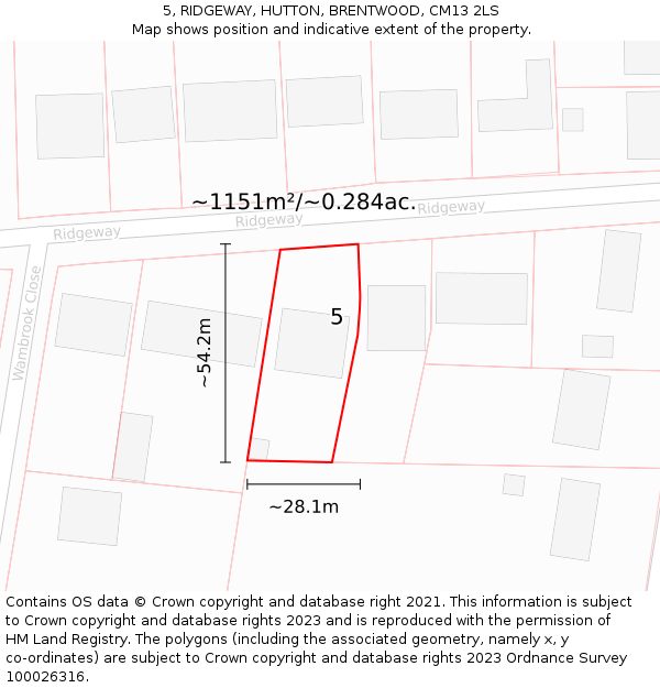 5, RIDGEWAY, HUTTON, BRENTWOOD, CM13 2LS: Plot and title map