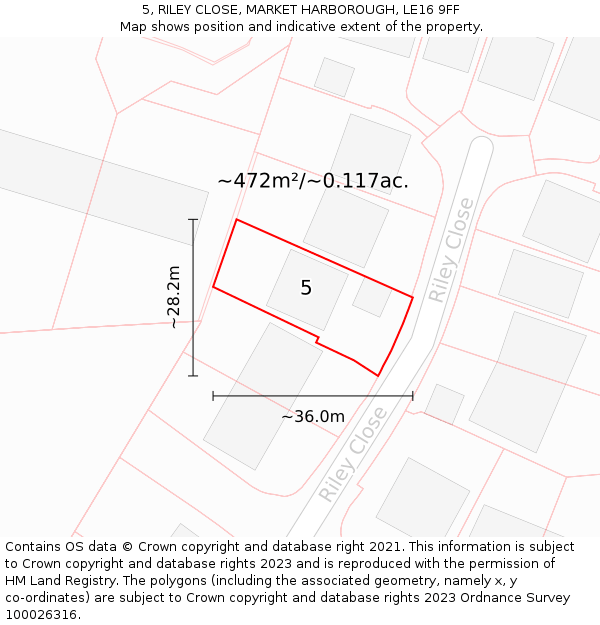 5, RILEY CLOSE, MARKET HARBOROUGH, LE16 9FF: Plot and title map