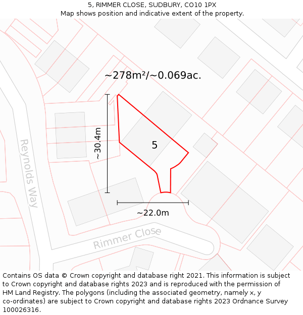 5, RIMMER CLOSE, SUDBURY, CO10 1PX: Plot and title map