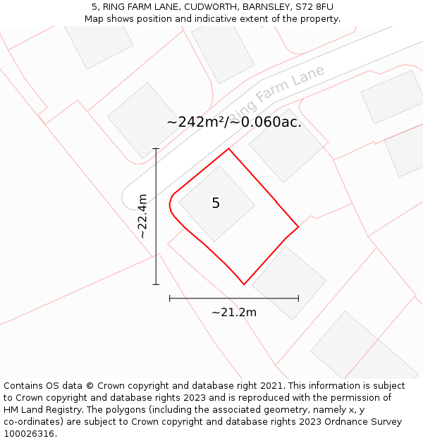 5, RING FARM LANE, CUDWORTH, BARNSLEY, S72 8FU: Plot and title map