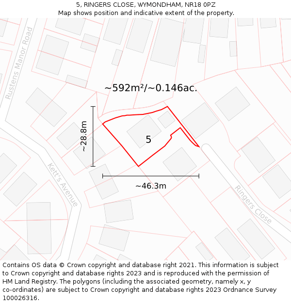 5, RINGERS CLOSE, WYMONDHAM, NR18 0PZ: Plot and title map