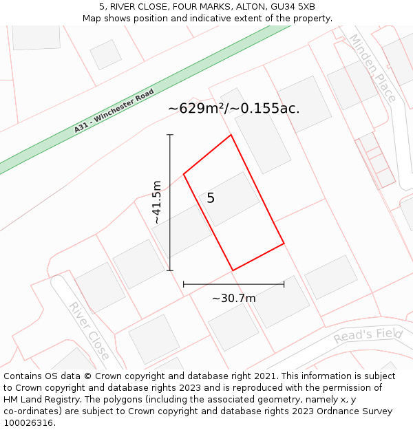 5, RIVER CLOSE, FOUR MARKS, ALTON, GU34 5XB: Plot and title map